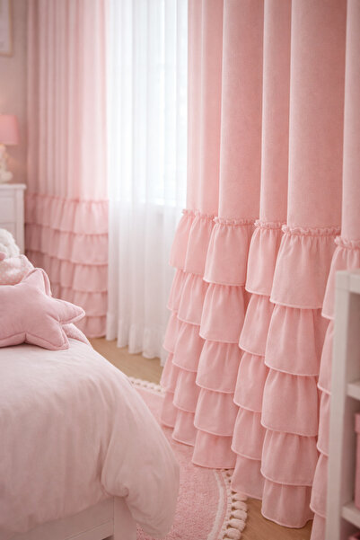 perde plus Girl's Room Powder Pink Ruffled Tulle Curtain – Pastel Design
