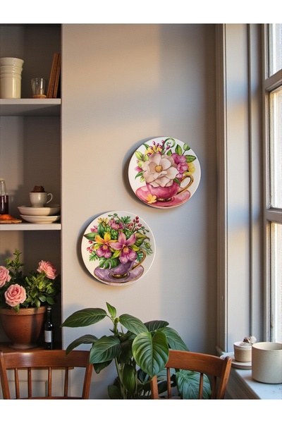 unique florya 2'li Set Duvar Tabağı Küçük Boy Çiçek Temalı Dekoratif Mutfak D...
