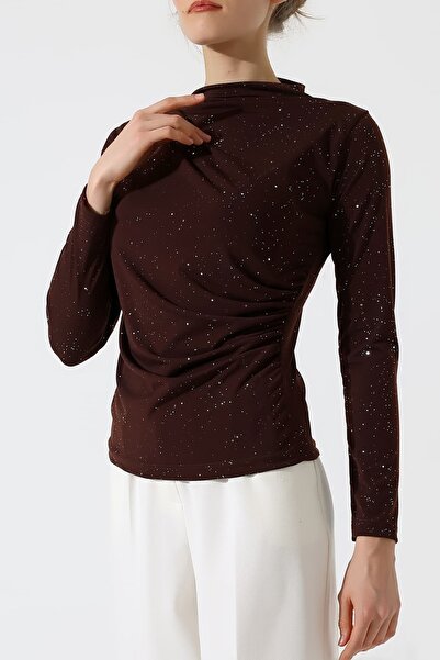 Sabr Star Dust Sandy Half Turtleneck Side Gathered Long Sleeve Women's Blouse