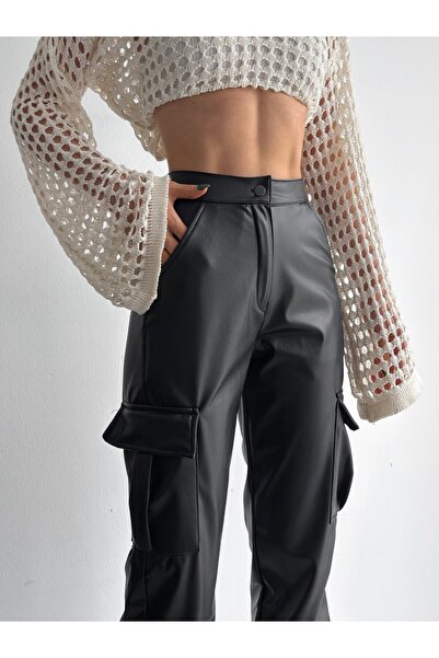 ROG Women's Cargo Pocket Velvet Inside High Waist Leather Trousers