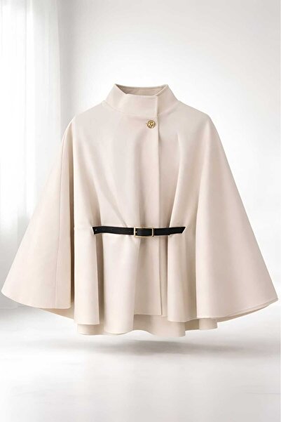 Teodora Demaria Bej ( Kadın ) Oversize Kemerli Premium Kaşe Panço