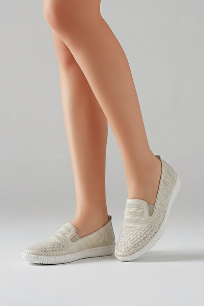 Voyager V26YA-7232 Ekru Cilt Deri Comfort Kadın Babet Ayakkabı