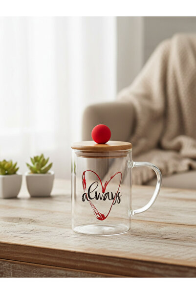 Tohana Red Heart Glass Mug with Bamboo Lid