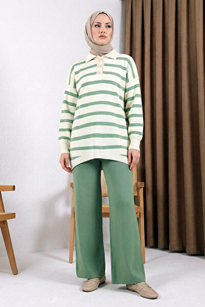 MODAQU Polo Collar Striped Knitwear Tunic Trousers Set - Green