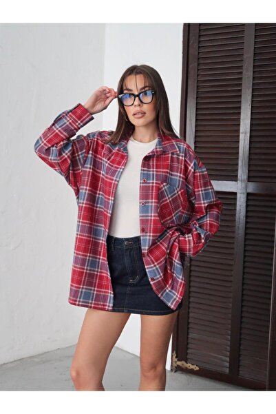 freya style Kadın Oversize Geniş Kalıp Oduncu Ekose Gömlek
