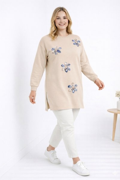 Birol Triko Women's Light Beige Slit Tunic with Floral Accessories