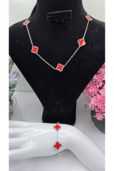 ahsenaksesuar2025 Büyük Boy Kırmızı Van Cleef Yonca Model Gümüş Renk Paslanma...