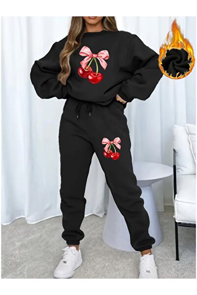 mercoledi Cherry Printed Crew Neck Sweatshirt Jogger Bottom Tracksuit Set Ove...