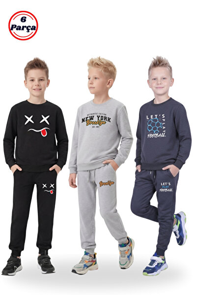 FYK COLLECTİON Boys' 6-Piece 3-Piece Tracksuit Set – Various Prints, Crew Nec...