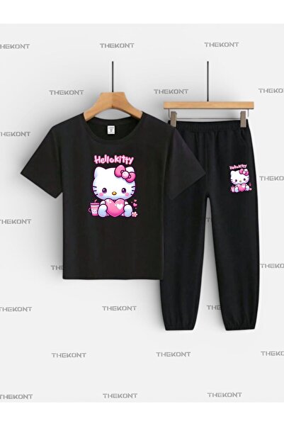 THEKONT طقم أطفال مطبوع عليه قلوب HELLOKTYY (تي شيرت-C بجيوب بنطلون رياضي)