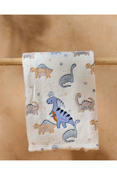 REDTAG بطانية فلانيل بيضاء للأطفال مزينة برسومات ديناصورات وتفاصيل مطرزة