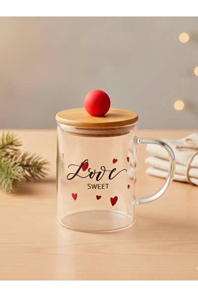 Tohana Red Heart Glass Mug with Bamboo Lid