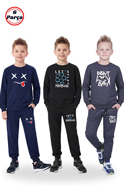FYK COLLECTİON Boys' 6-Piece 3-Piece Tracksuit Set – Various Prints, Crew Nec...
