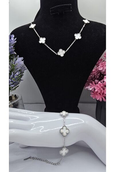 ahsenaksesuar2025 Büyük Boy Beyaz Van Cleef Yonca Model Gümüş Renk Paslanmaz ...