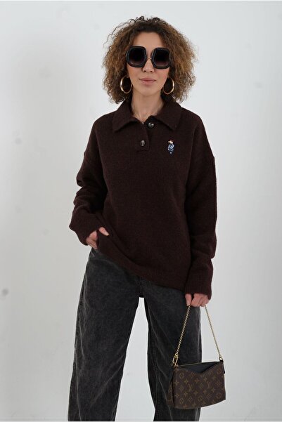 Zelish My Sister Brown Polo Collar Embroidered Sweater