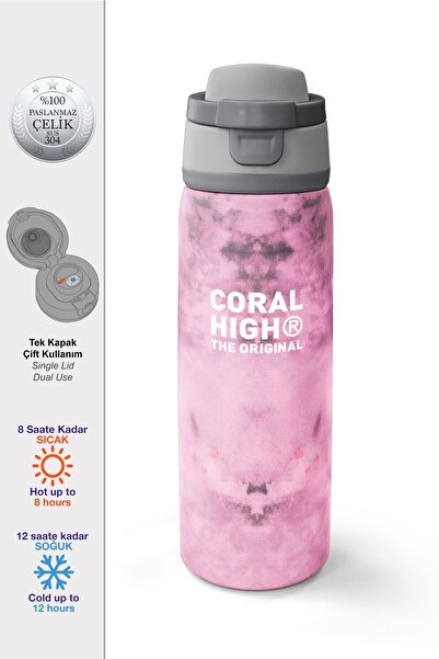 Coral High Pink Patterned Steel Thermos with Straw and Direct Drinking Featur...