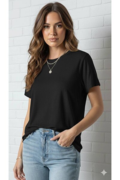 By Kuzey Aras Women's Modal Fabric Basic Crew Neck Relaxed Fit Tshirt