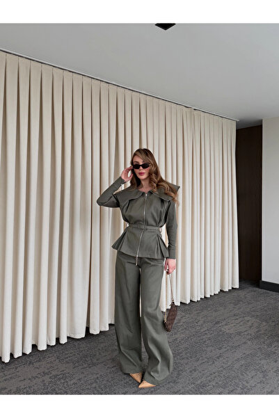 Laluvia Khaki Design Denim Suit - 8002