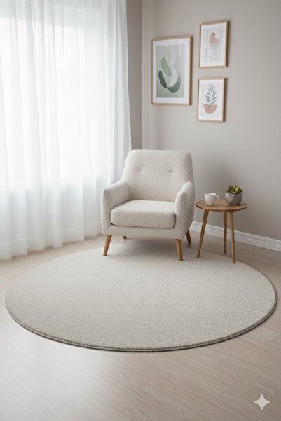 Colore Home Yuvarlak Daire Yıkanabilir Kaymaz Taban Bej Renk Peluş Post Halı