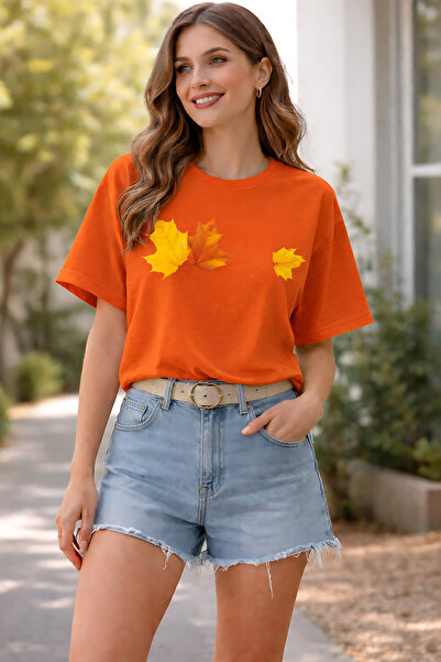 ArtYus Autumn Leaf Printed Cotton Relaxed Fit Round Neck Unisex T-Shirt