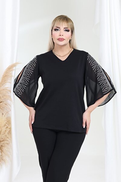 sinemisxxl Sleeves Chiffon Plus Size Steel Fabric Black Blouse