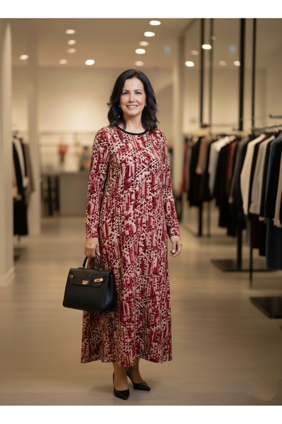 THEBEK Yumoş Velvet Suede Patterned Oversized Dress with Pink Mix Pattern