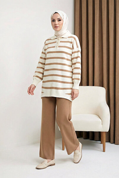 MODAQU Polo Collar Striped Knitwear Tunic Trousers Set - Tan