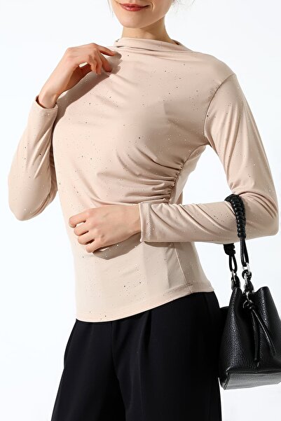 Sabr Star Dust Sandy Half Turtleneck Side Gathered Long Sleeve Women's Blouse