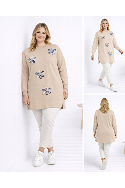 Birol Triko Women's Light Beige Slit Tunic with Floral Accessories