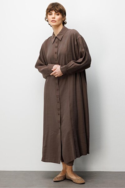 Micca Soft Modal Yırtmaç ve Ön Beden ile Detaylandırılmış Elbise Kap-Kahve