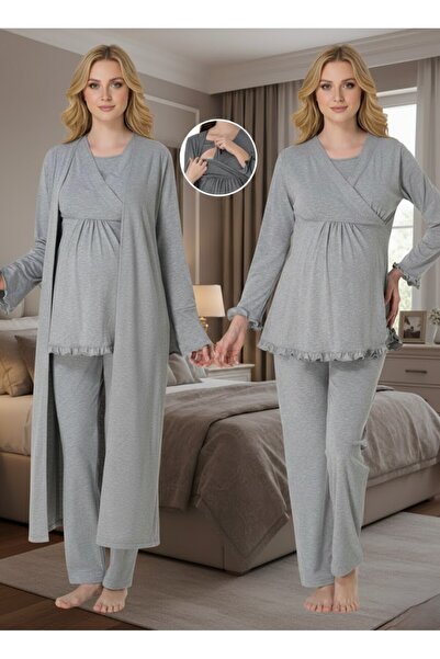 Lohusa Homewear Women's Gray Elegant Long Sleeve Maternity Pajama Set with Hi...