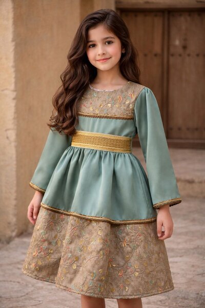 La reina petite A traditional dress in a calm turquoise green with embroidere...