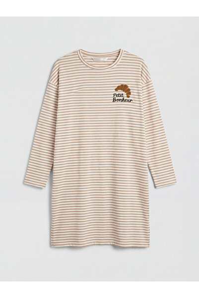 LC Waikiki Brown Crew Neck Striped Women's Nightgown