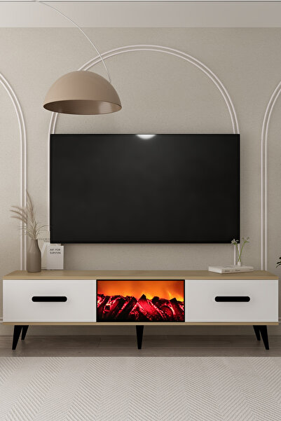DEMONTE DECOR TV0050-TXA150DD-1 ŞÖMİNELİ TV SEHPASI SAFİR-BEYAZ-SİYAH KULP