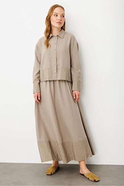 Micca Poly cupra Dikiş Detatlı İpekçe Etek Ceket Kombin Takım-Vizon