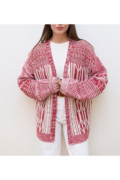 Lavanta Tekstil Red-White V-Neck Patterned Cardigan