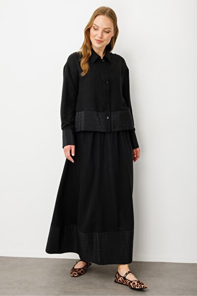 Micca Poly cupra Dikiş Detatlı İpekçe Etek Ceket Kombin Takım-Siyah