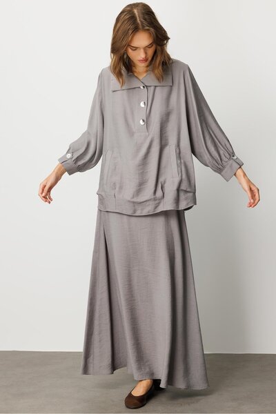 Micca Model (%90 Doğal İçerik) Dökümlü Soft Kumaş Etek Kombinli Aks Detaylı T...