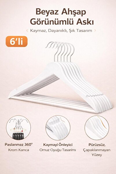 Dory 6 Adet Ahşap Görünümlü Elbise Ve Kıyafet Askısı - Beyaz Askı