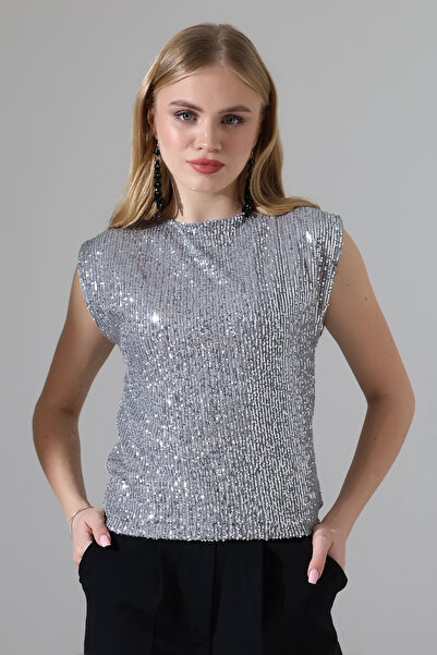 Thil Kadın Payetli Sıfır Kol Bluz