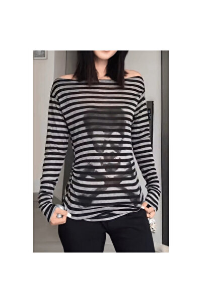 İsra Ayyıldız Moonstar Collection Skulls Danger 2000's Gri Siyah Çizgili Uzun...