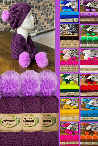 habba respect Trio-11 - (Outlet) 3 Yumak+ 3 Handmade Fur Pompom Gift Scarf & ...