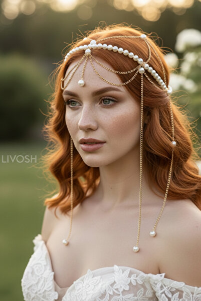 LIVOSH إكسسوار رأس من اللؤلؤ مع سلسلة من هيرا، تاج زفاف، تاج للعروس