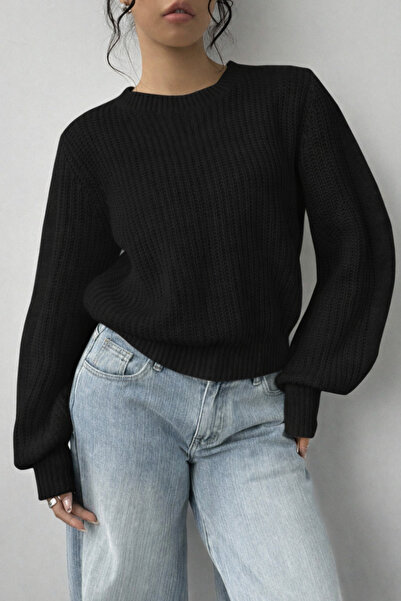 Tarz Cool Women's Black Oversize Crew Neck Balloon Sleeve Ribbed Knit Sweater