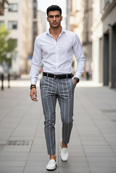 dehaine Men's casual pants, striped, Slim Fit, Gray, B1544