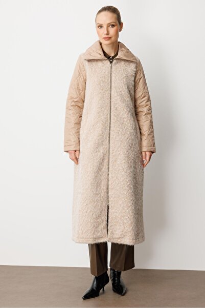 Micca Angora Doku Kapitone Dolgu Kol Detaylı Astarlı Zamansız Kaban Manto-Taş