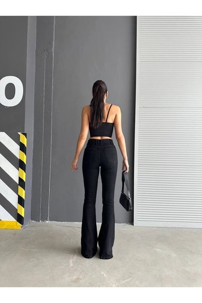 TRENDNATUREL Siyah Likralı Yüksek Bel İspanyol Jean Pantolon