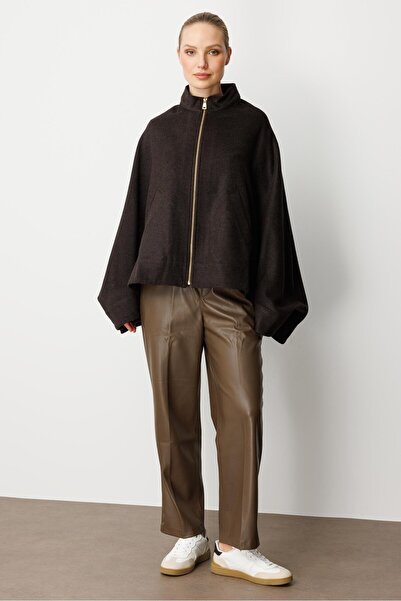 Micca Hafif Astarsız Yün Görünüm Sağlayan Polyviskon Kumaş Pancho Tarz Kaban-...