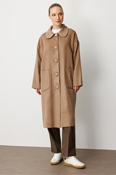 Micca Yün Dokulu Özel Polyviskon Kumaş Astarsız Giy Çık Kap Kaban-LATTE