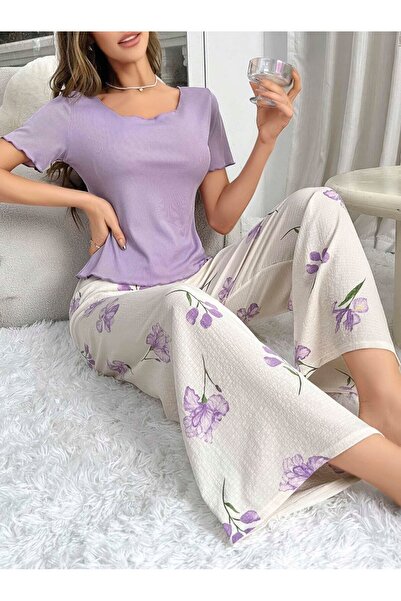İntive Lingerie Women's Purple Floral Patterned Soft Cotton Long Pajama Set 5133